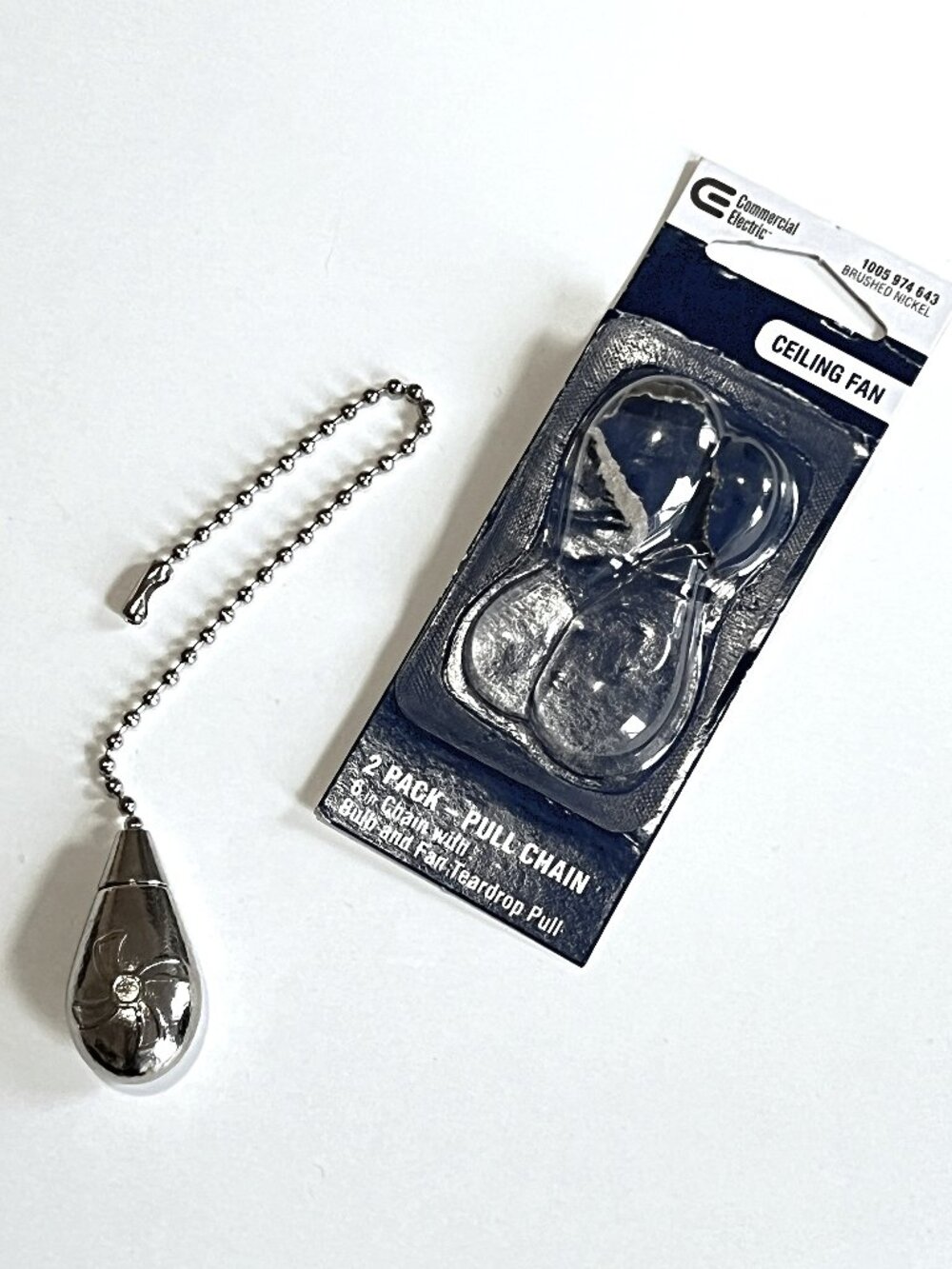 Commercial Electric Brushed Nickel 6” Chain w/Fan Teardrop Pull (Open Pkg)